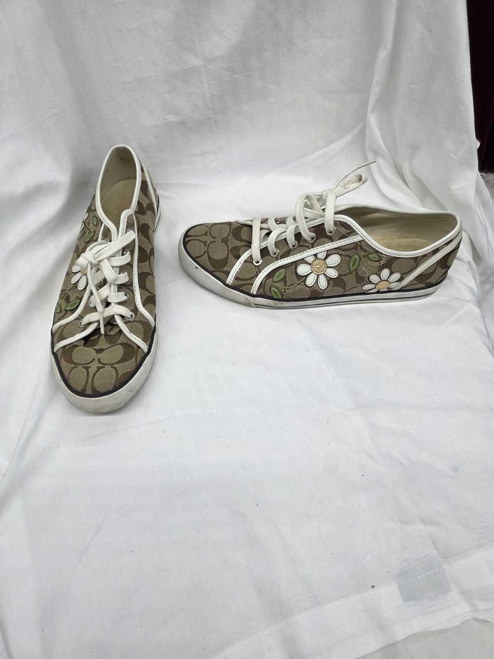 Coach Brown Canvas Logo Sneakers with White Floral Embroidery